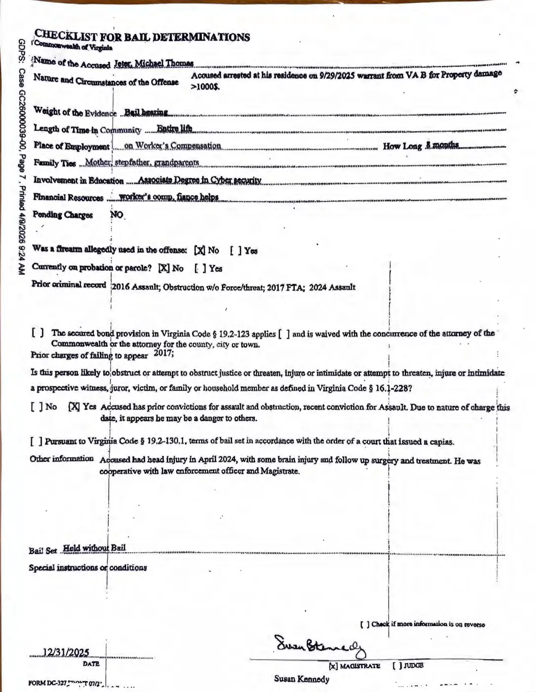 Norfolk magistrate bail determination checklist for Michael Thomas Jeter dated December 31, 2025, held without bail