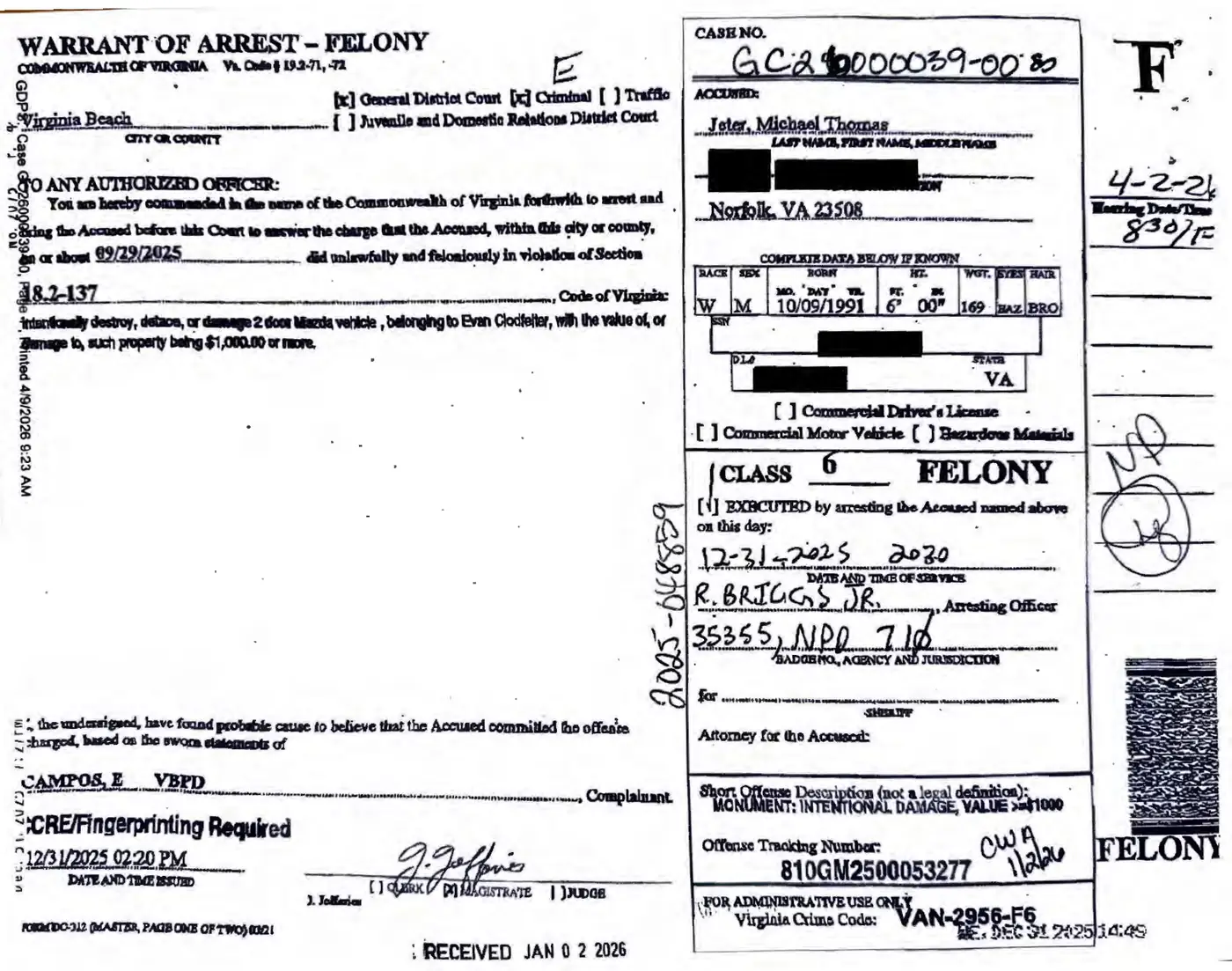 Virginia Beach felony warrant of arrest for Michael Thomas Jeter, intentional damage to Evan Clodfelter’s vehicle over $1,000, executed December 31, 2025
