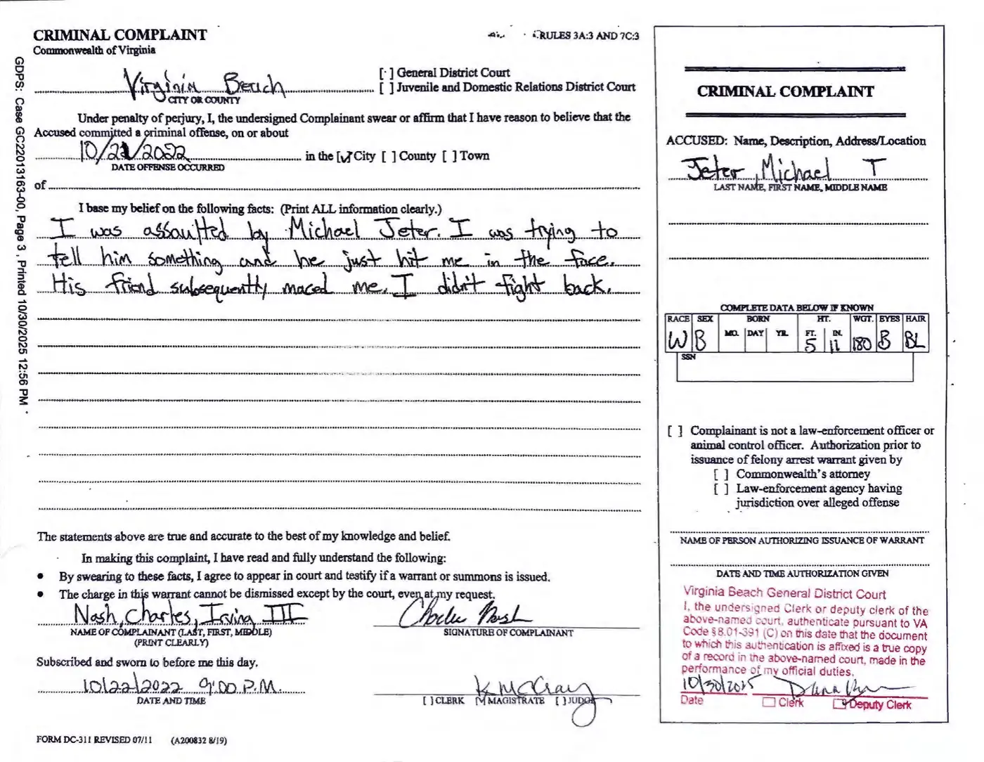 Virginia Beach criminal complaint dated October 22, 2022 by Charles Nash Irving III, alleging that Michael Jeter punched him in the face